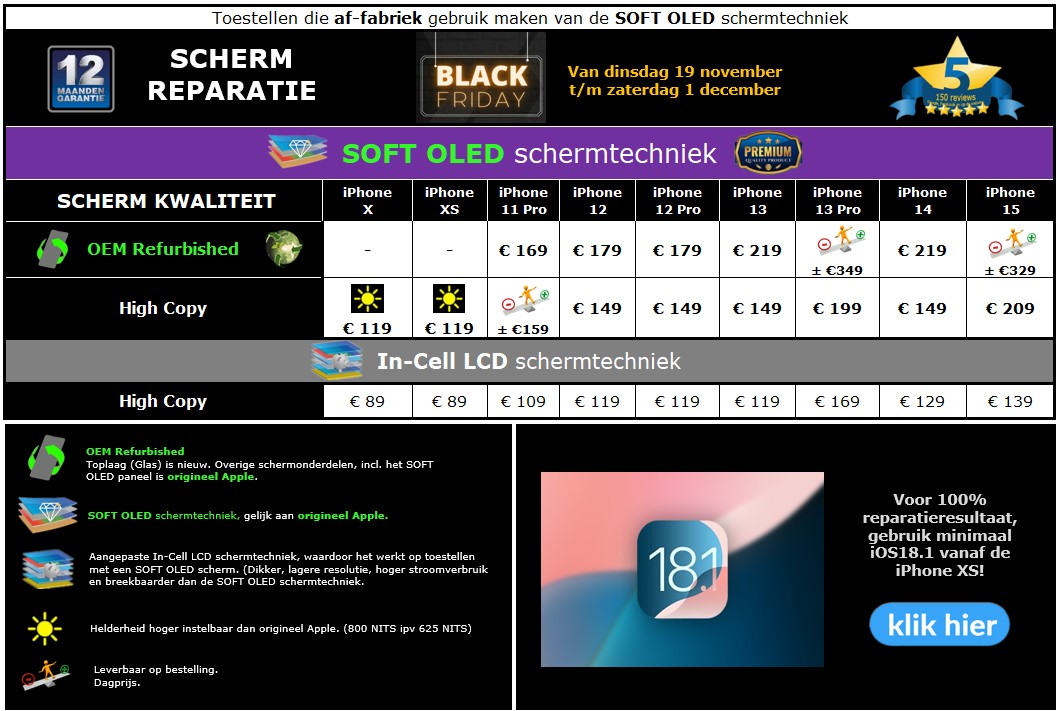 iPhone SOFT OLED scherm reparatie prijzen